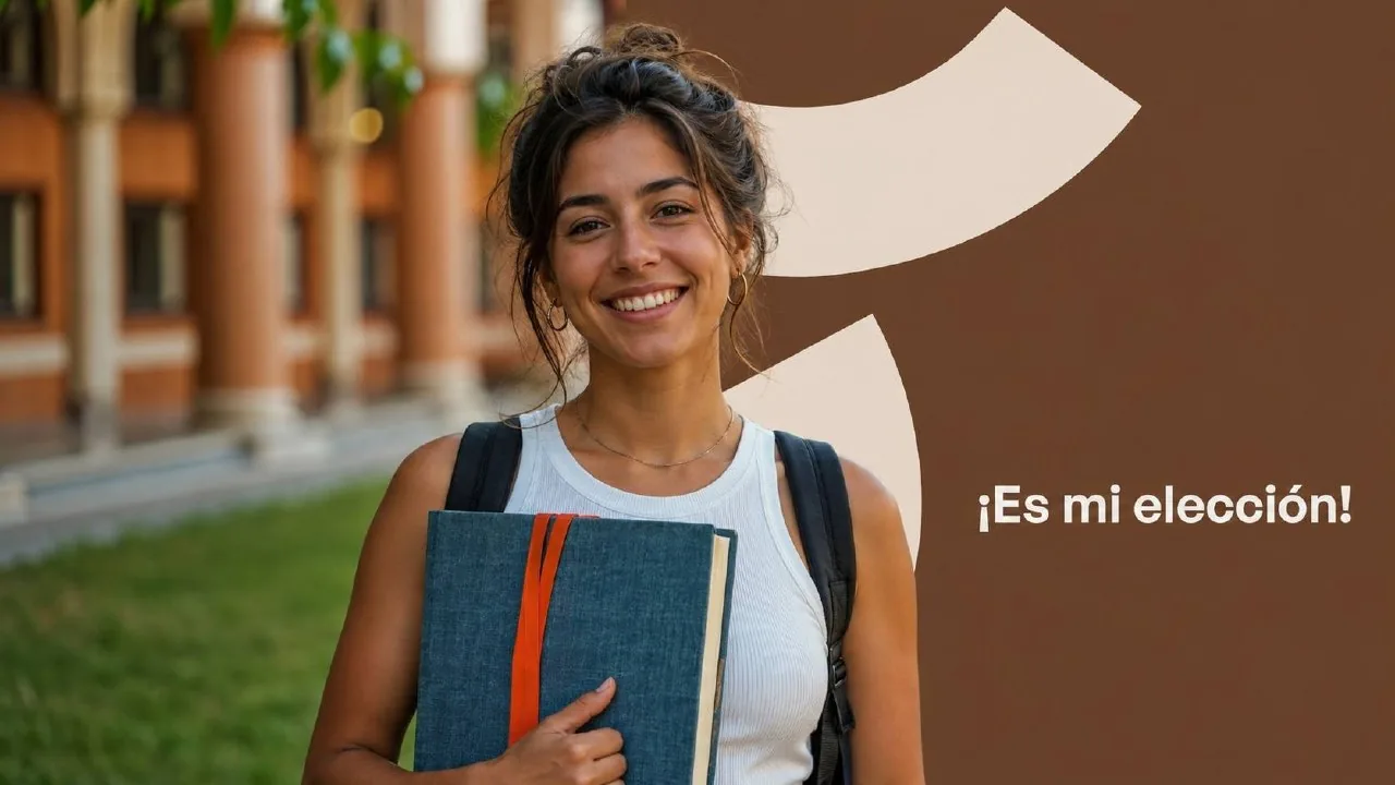 Estudiante con un libro frente a una facultad, junto a la frase «¡Es mi elección!».