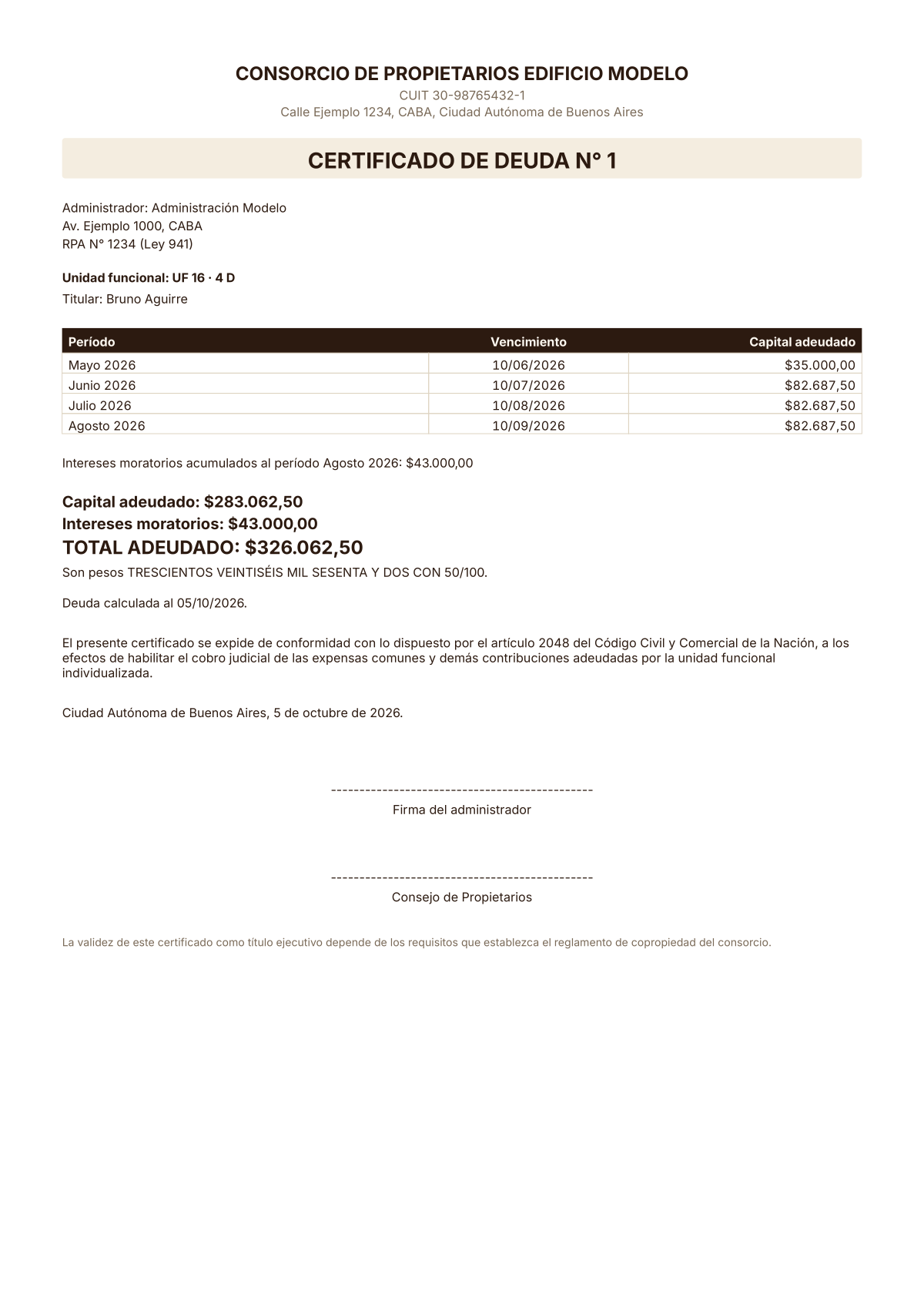 Vista previa del certificado de deuda