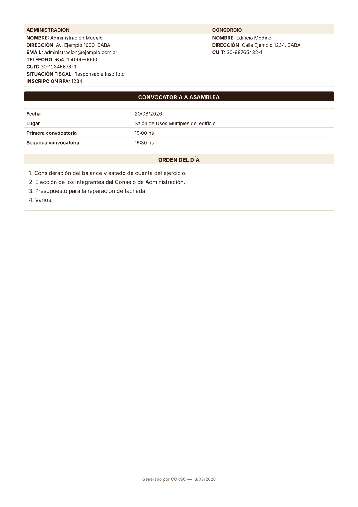 Vista previa de la convocatoria a asamblea