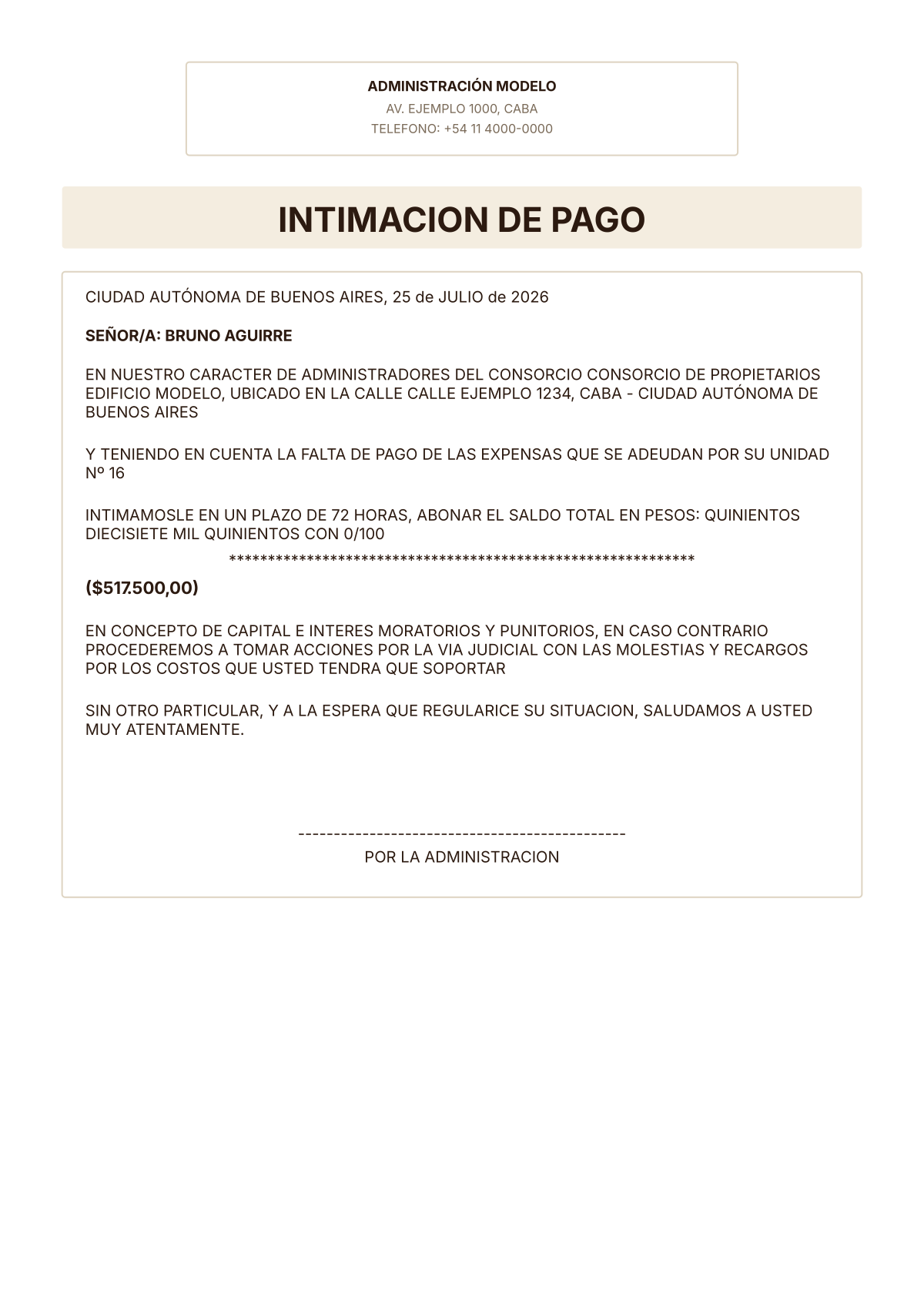 Vista previa de la intimación de pago