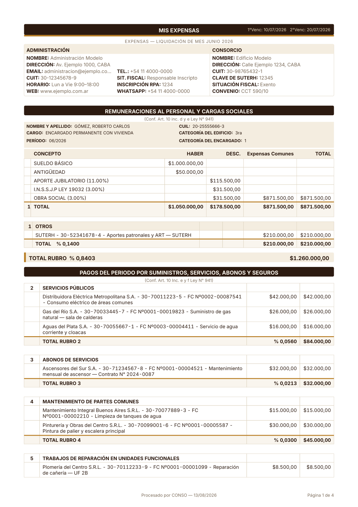 Vista previa de la liquidación de expensas, página 1 de 4