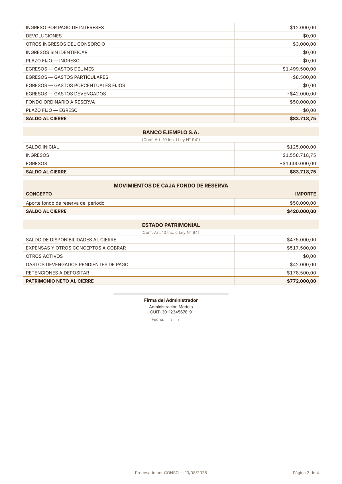 Liquidación de expensas, página 3: entidad bancaria y estado patrimonial