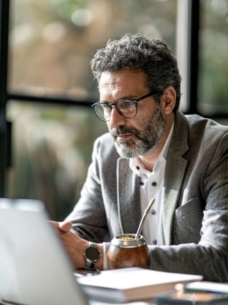 Administrador de consorcios revisando la liquidación del período en su computadora, mate en mano.