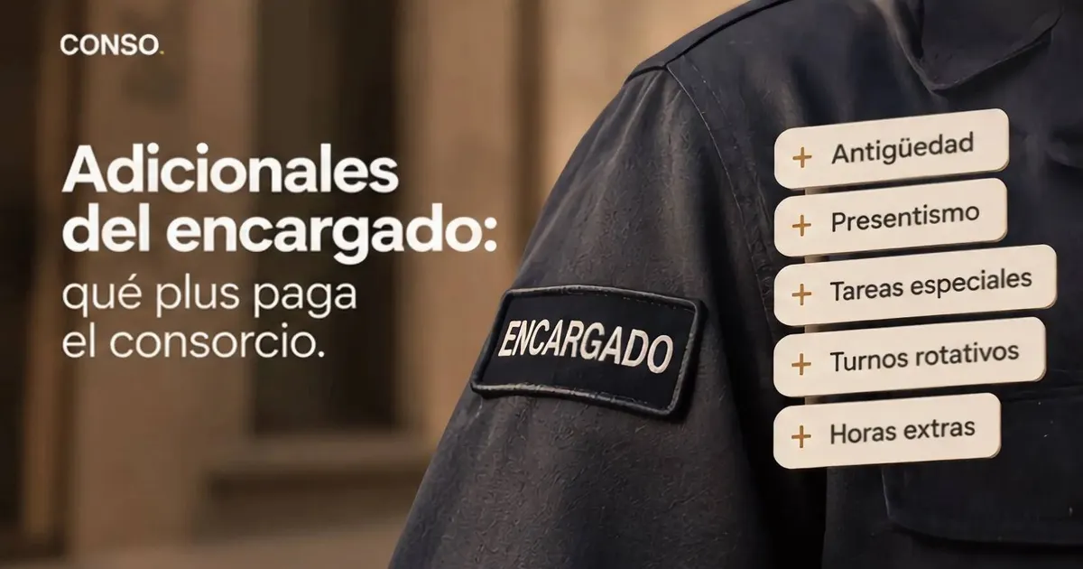 Adicionales del encargado: qué plus paga el consorcio — hombro de un uniforme oscuro con el parche «Encargado» y etiquetas de antigüedad, presentismo, tareas especiales, turnos rotativos y horas extras.