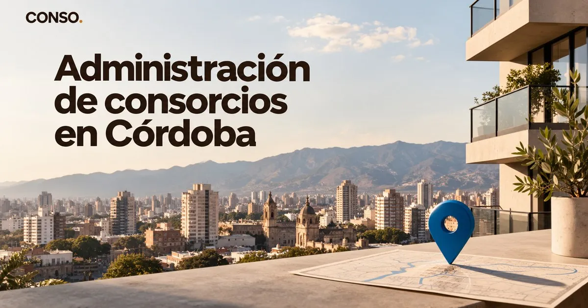 Administración de consorcios en Córdoba — balcón de un edificio con vista al centro de Córdoba y las sierras de fondo, con un pin de mapa apoyado sobre la baranda.