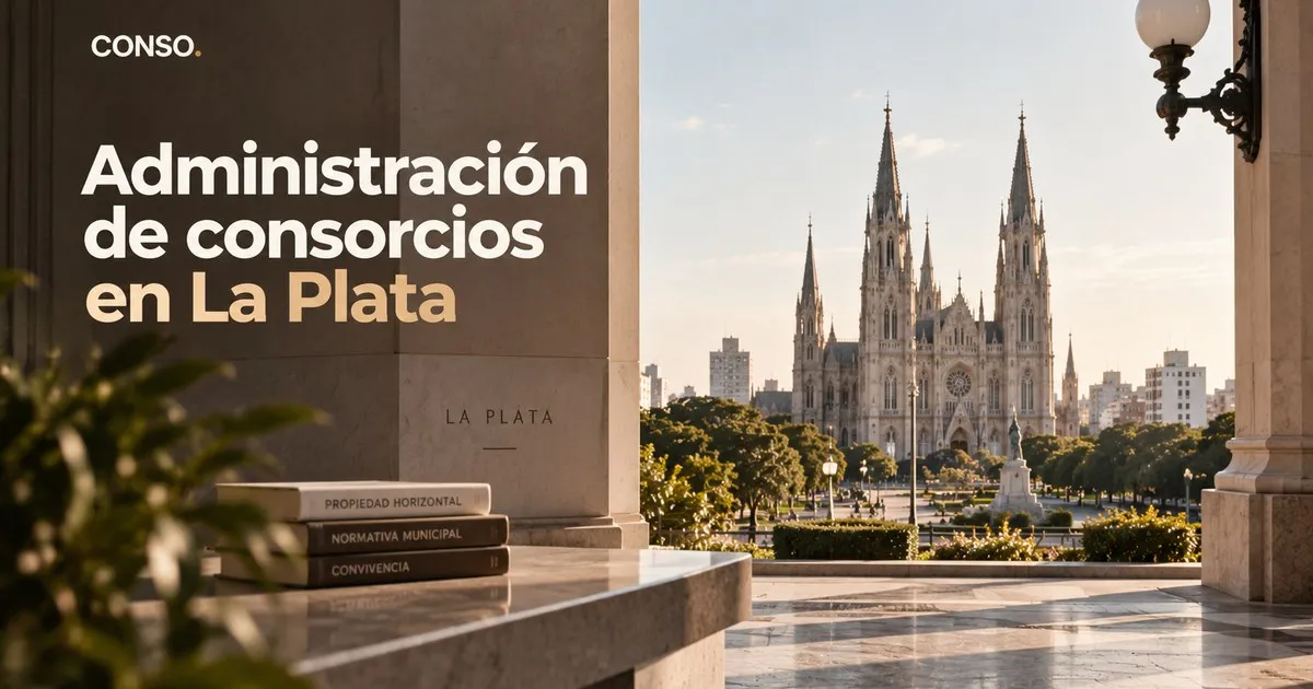 Administración de consorcios en La Plata — la Catedral de La Plata vista desde una galería, con tres libros de propiedad horizontal, normativa municipal y convivencia apilados sobre el parapeto.