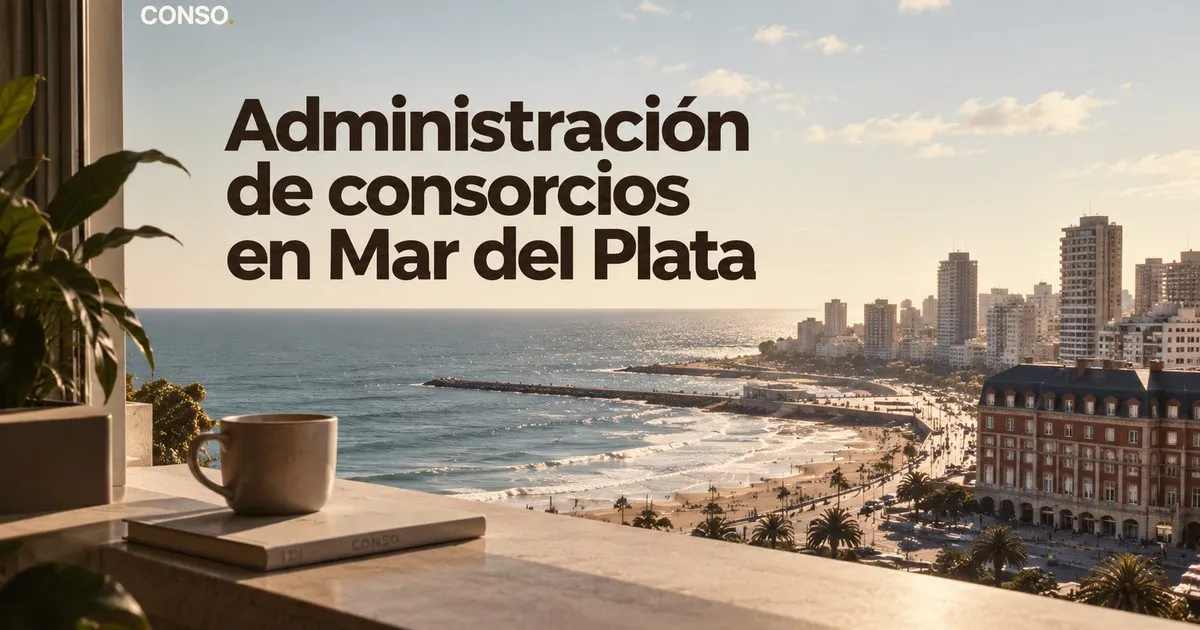 Administración de consorcios en Mar del Plata — taza de café y cuaderno en un balcón con vista a la playa y a los edificios de la costa marplatense.