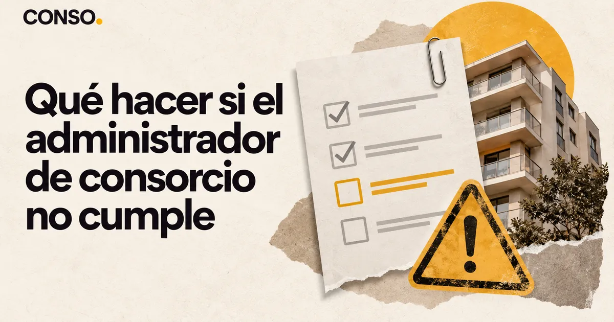 Qué hacer si el administrador de consorcio no cumple — una hoja con checklist parcialmente tildado y un cartel triangular de advertencia con signo de exclamación, junto a un edificio.