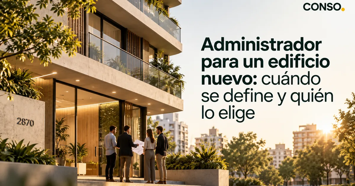 Administrador para un edificio nuevo: cuándo se define y quién lo elige — cuatro personas conversan con planos en la entrada de un edificio moderno al atardecer.