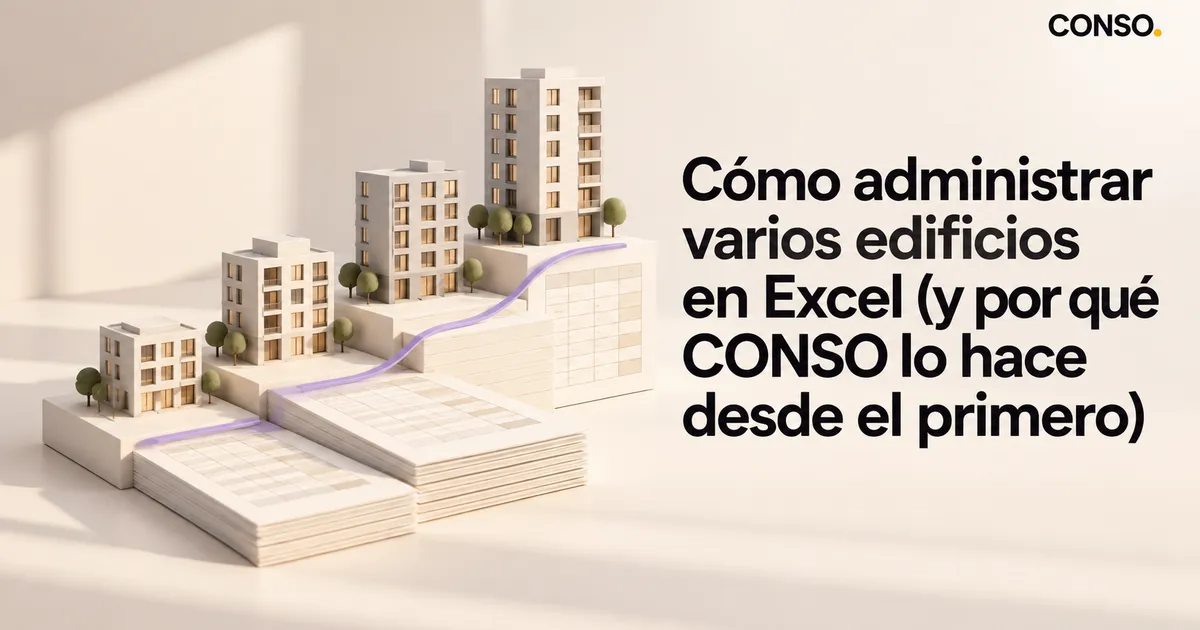 Cómo administrar varios edificios en Excel (y por qué CONSO lo hace desde el primero) — maquetas de edificios de distinta altura sobre pilas de hojas de cálculo, unidas por un cable violeta.