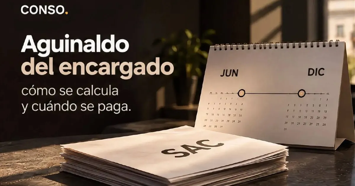 Aguinaldo del encargado: cómo se calcula y cuándo se paga — calendario de escritorio con junio y diciembre marcados y una pila de recibos con la sigla SAC.