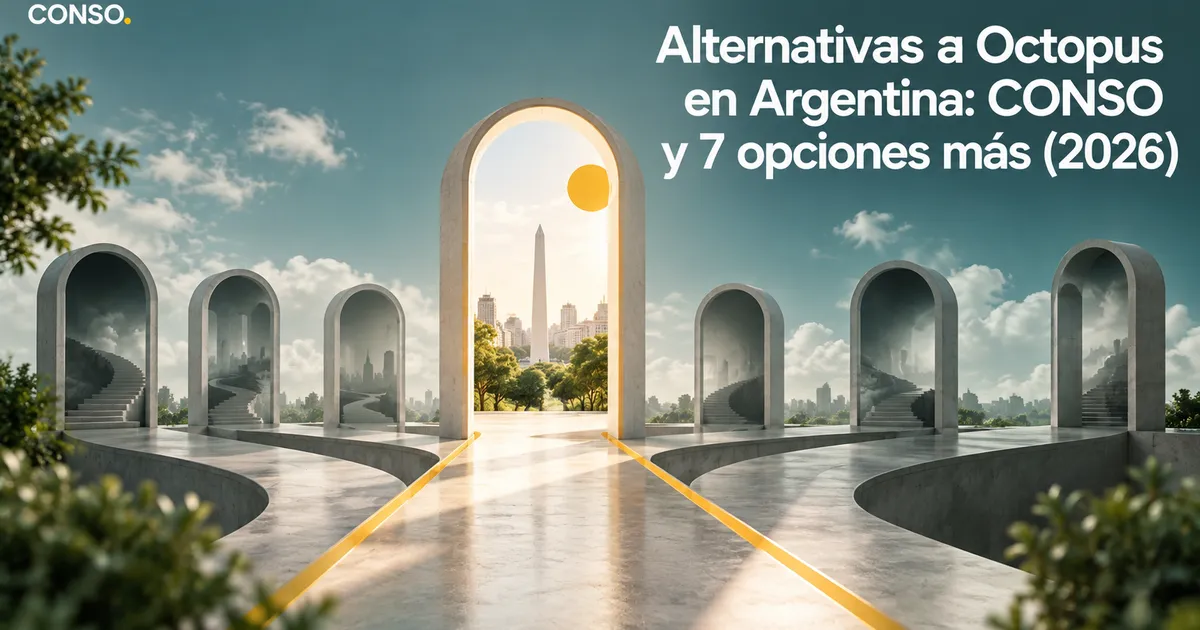 Una explanada de mármol con varios arcos que enmarcan escaleras y ciudades distintas, con el Obelisco al fondo del arco central y el título «Alternativas a Octopus en Argentina: CONSO y 7 opciones más (2026)» impreso sobre el cielo.