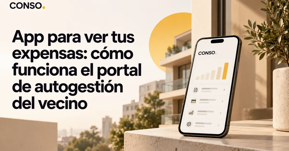 App para ver tus expensas: cómo funciona el portal de autogestión del vecino — un celular muestra un gráfico de barras y un menú, apoyado en una baranda con plantas y un edificio de fondo.