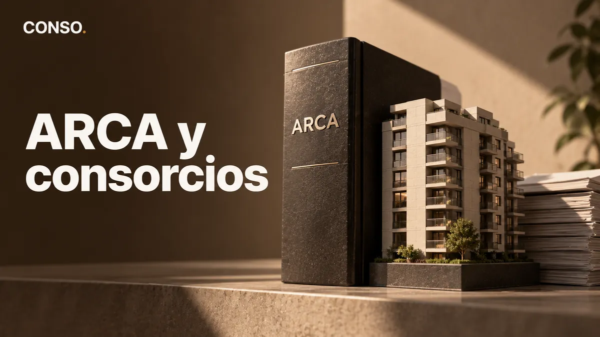 ARCA y consorcios — un libro con el sello ARCA junto a la maqueta de un edificio de departamentos.