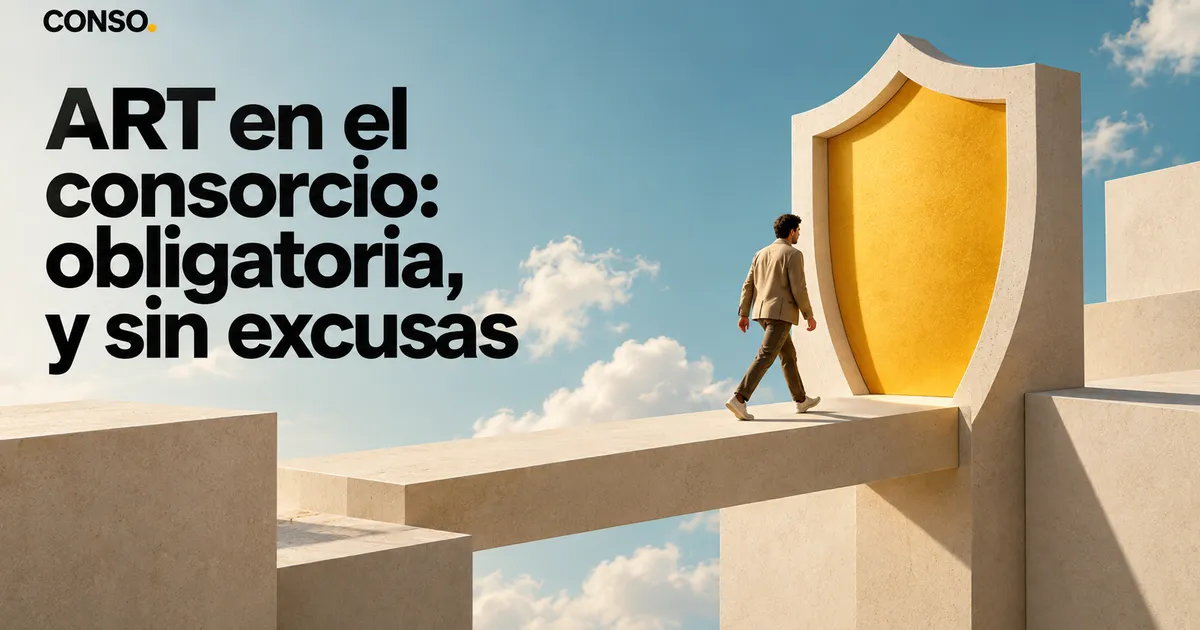 ART en el consorcio: obligatoria, y sin excusas — un hombre camina por una pasarela de piedra hacia un gran escudo dorado, bajo un cielo con nubes.