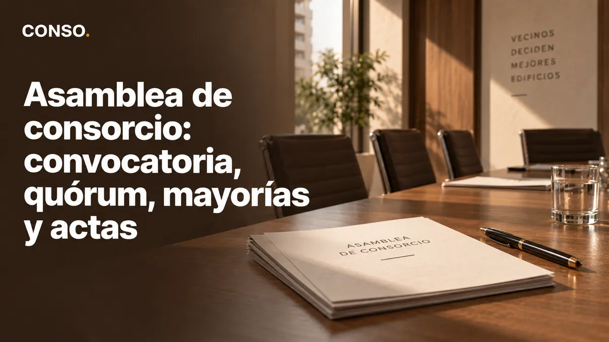 Asamblea de consorcio: convocatoria, quórum, mayorías y actas — mesa de reunión con las carpetas del acta de asamblea.