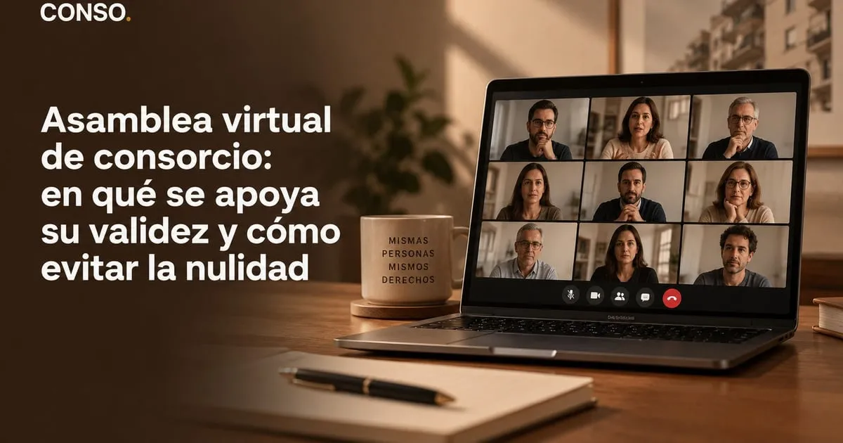 Asamblea virtual de consorcio — una notebook con nueve propietarios en videollamada, junto a una taza y un cuaderno de actas.