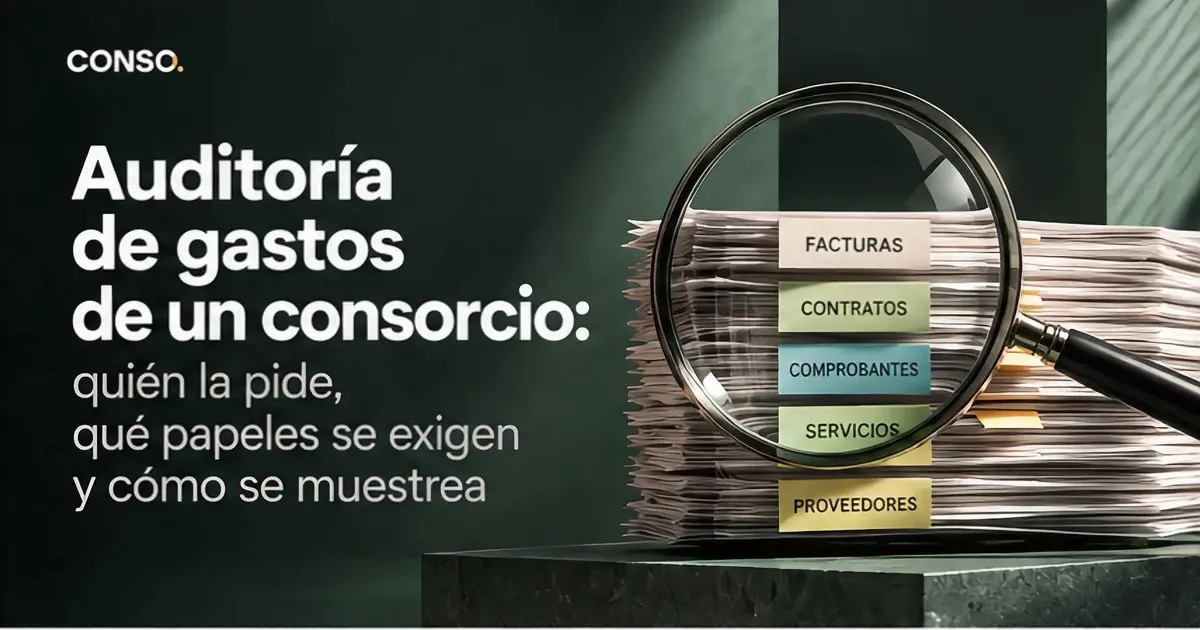Auditoría de gastos de un consorcio — una lupa sobre una pila de papeles con separadores de facturas, contratos, comprobantes, servicios y proveedores.