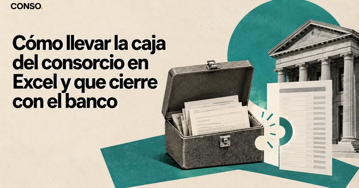 Cómo llevar la caja del consorcio en Excel y que cierre con el banco — una caja de metal llena de comprobantes y un extracto que encastra como pieza de rompecabezas, frente a la fachada de un banco.