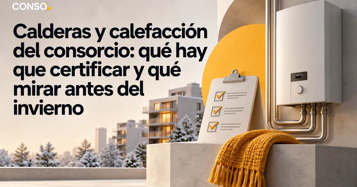 Calderas y calefacción del consorcio: qué hay que certificar y qué mirar antes del invierno — una caldera en la pared junto a una planilla con tildes y una bufanda tejida amarilla.