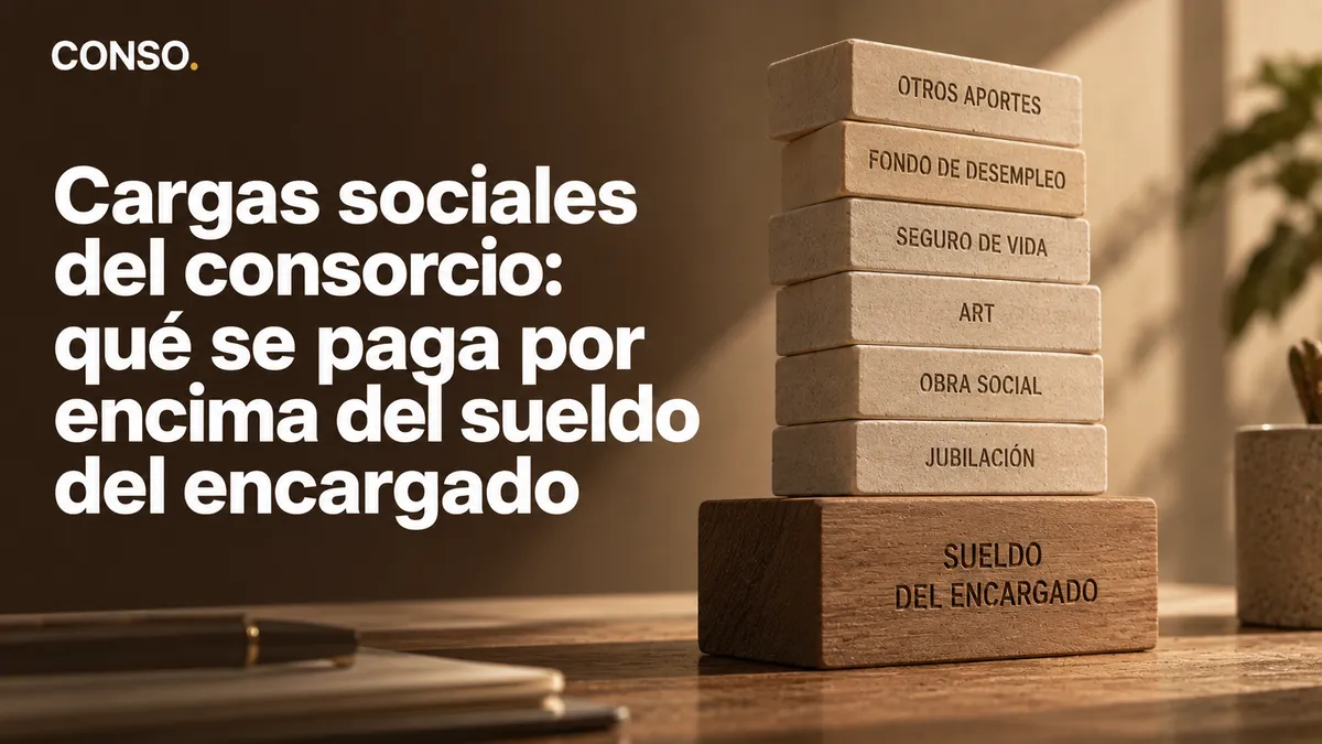 Cargas sociales del consorcio: qué se paga por encima del sueldo del encargado — bloques apilados con jubilación, obra social, ART, seguro de vida y fondo de desempleo sobre el bloque del sueldo del encargado.