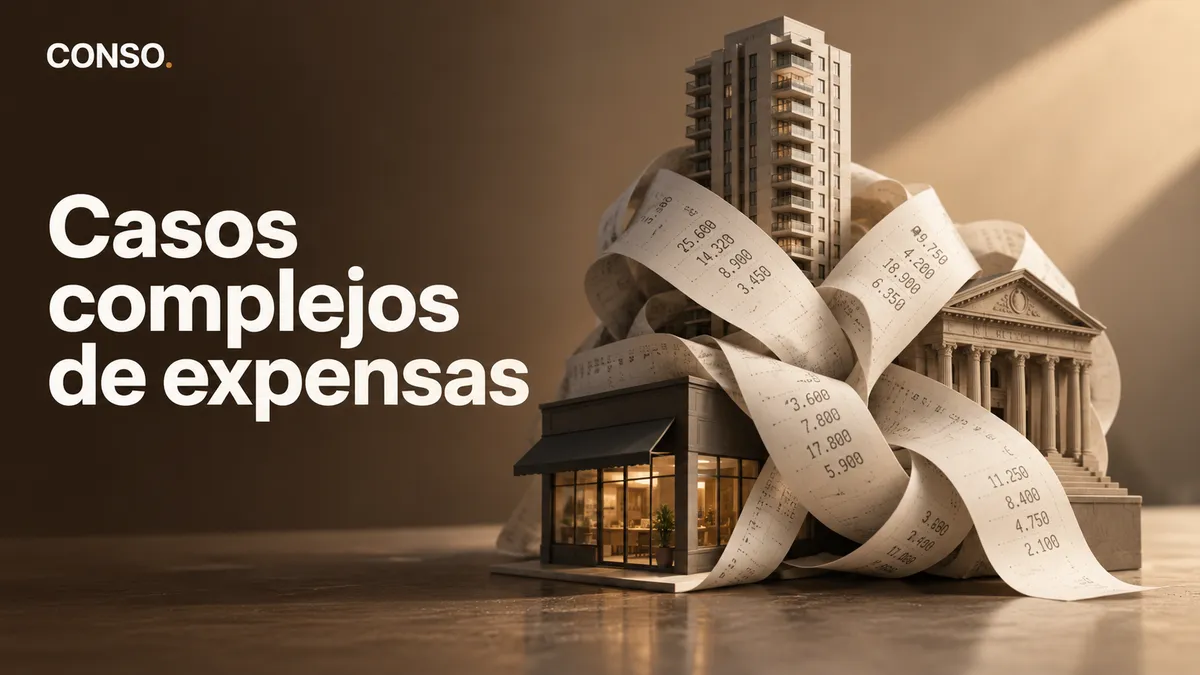 Casos complejos de expensas — una torre, un local y un tribunal envueltos en tiras de liquidación de expensas.