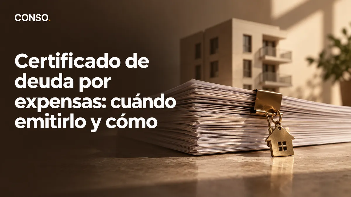 Certificado de deuda por expensas: cuándo emitirlo y cómo — pila de expedientes con un llavero de departamento y un edificio de fondo.