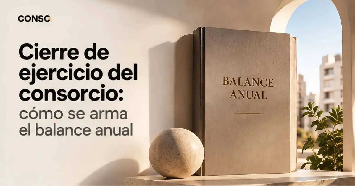 Cierre de ejercicio del consorcio — un libro con la leyenda «Balance anual» apoyado en el borde de una ventana con vista a edificios.