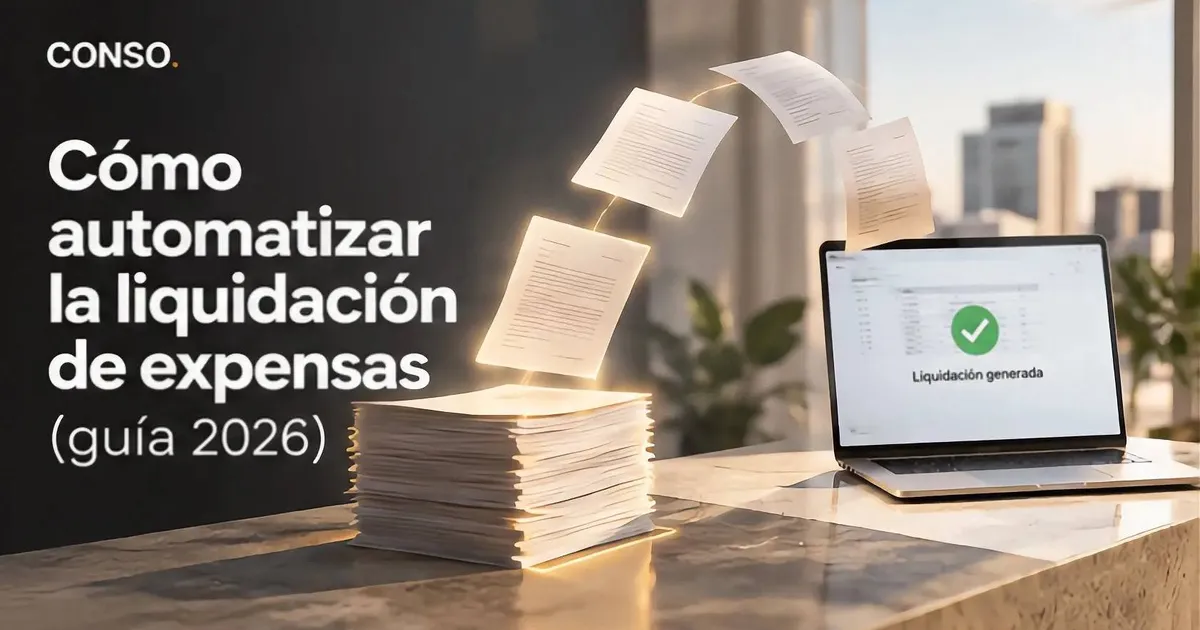 Cómo automatizar la liquidación de expensas (guía 2026) — hojas que vuelan desde una pila de papeles hacia una notebook que muestra «Liquidación generada».