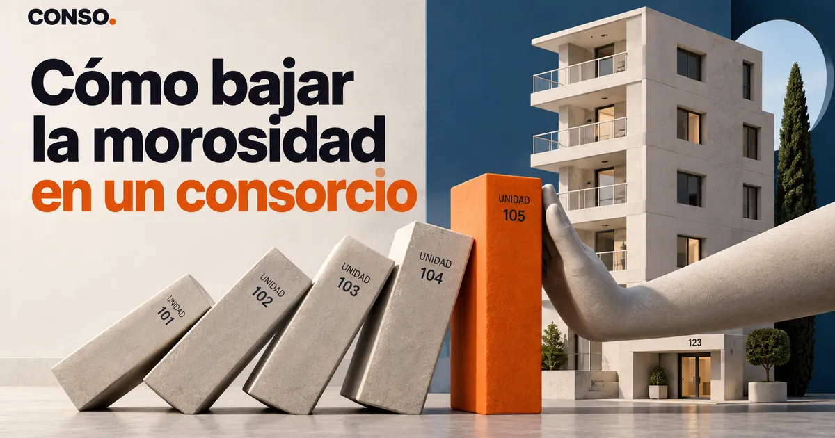 Cómo bajar la morosidad en un consorcio — bloques de las unidades 101 a 104 caídos como fichas de dominó y una mano que frena la unidad 105 frente a un edificio.