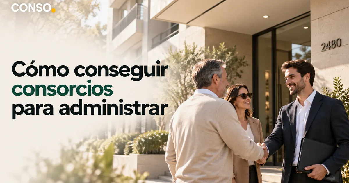 Cómo conseguir consorcios para administrar — un hombre de traje se da la mano con una pareja mayor en la entrada de un edificio moderno con el número 2480.