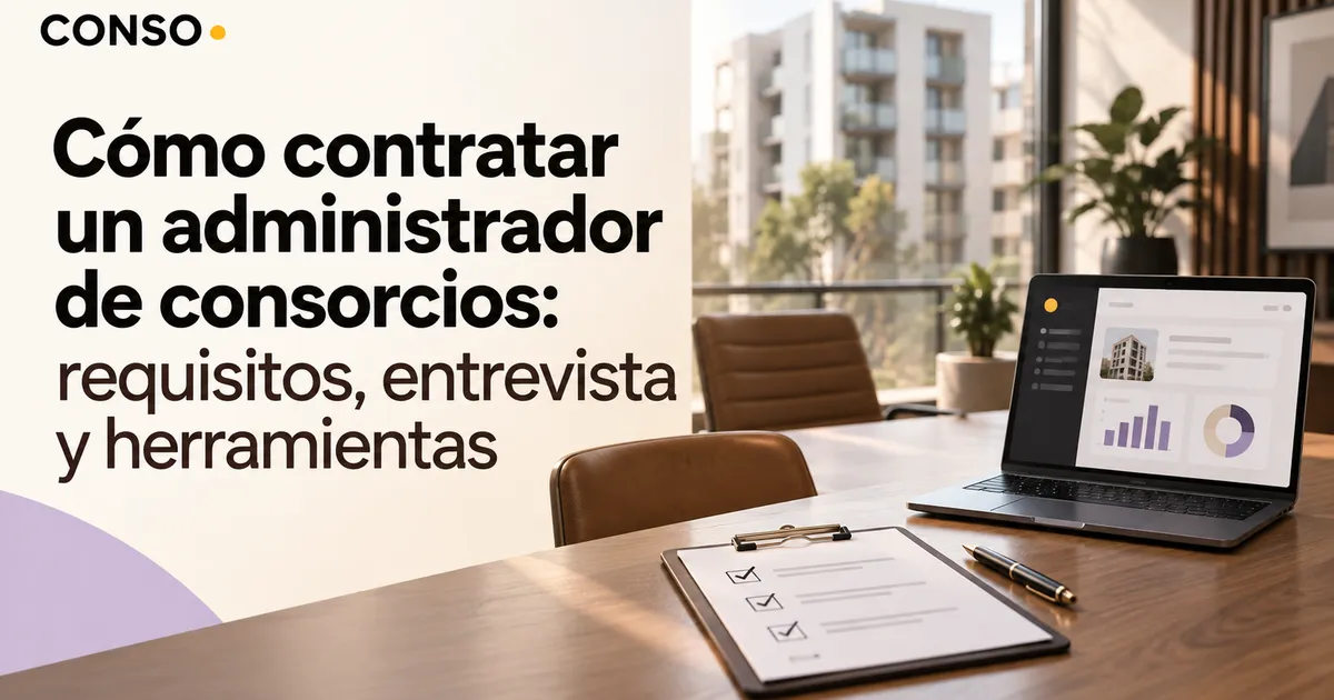Cómo contratar un administrador de consorcios: requisitos, entrevista y herramientas — un escritorio con una notebook con gráficos, una tablilla con tildes y una lapicera junto a una ventana.