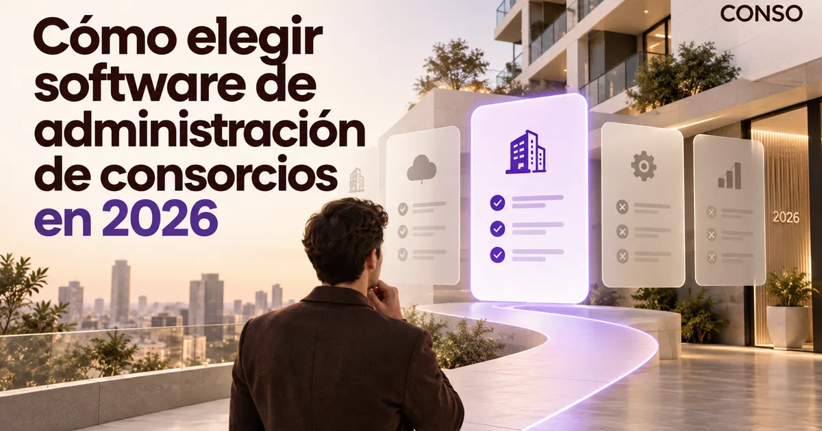 Cómo elegir software de administración de consorcios en 2026 — un hombre de espaldas observa cuatro paneles flotantes con íconos y listas de verificación junto a un edificio.