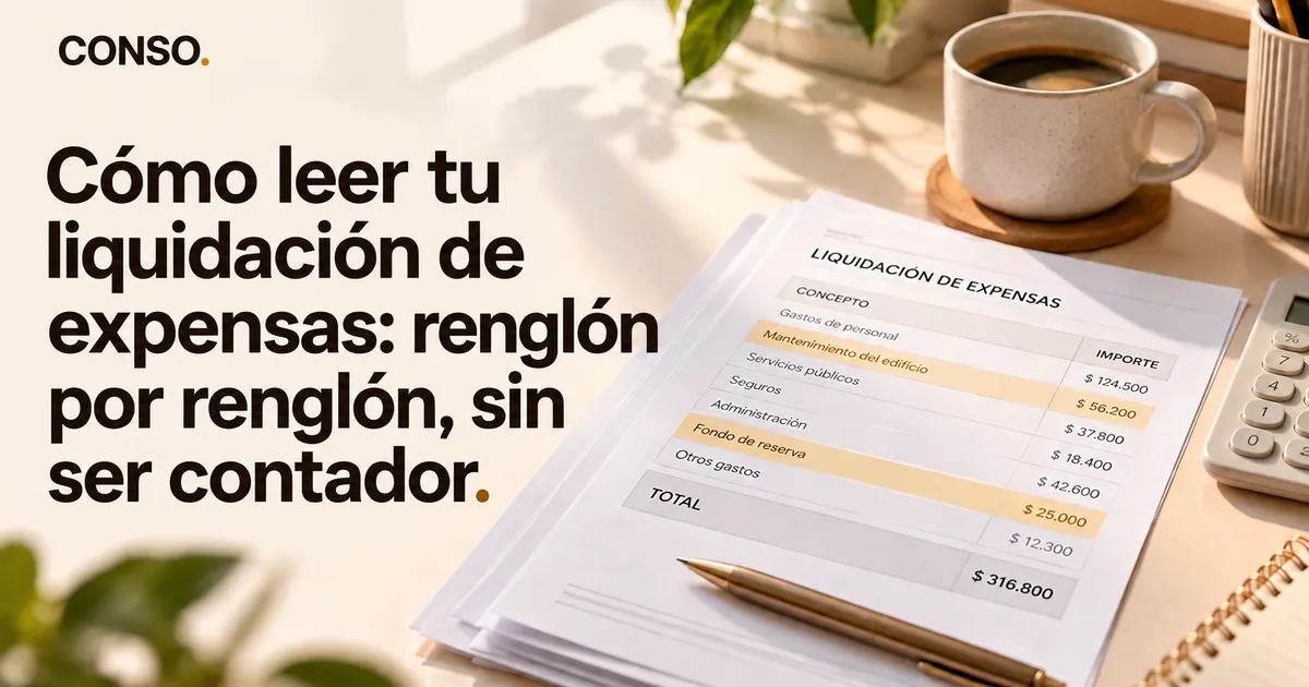 Cómo leer tu liquidación de expensas: renglón por renglón, sin ser contador — hoja de "Liquidación de expensas" con montos, junto a una taza de café y una calculadora sobre un escritorio.