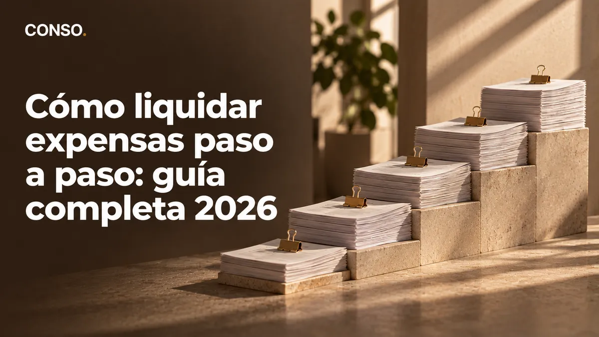 Cómo liquidar expensas paso a paso: guía completa 2026 — pilas de liquidaciones ordenadas como una escalera de cinco escalones.