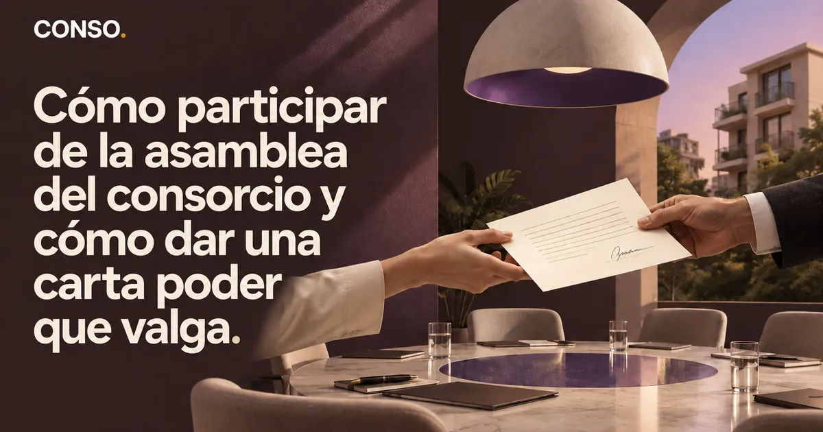 Cómo participar de la asamblea del consorcio y cómo dar una carta poder que valga — dos manos se entregan un sobre firmado sobre una mesa de reunión, con edificios de fondo al atardecer.
