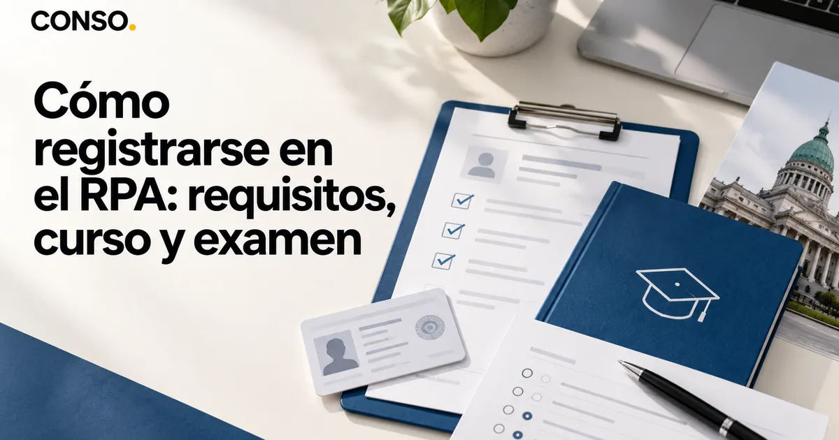 Cómo registrarse en el RPA: requisitos, curso y examen — un escritorio con una planilla en un sujetapapeles, un DNI, un cuaderno azul con un birrete dibujado y una foto del Congreso.