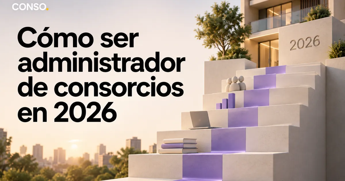 Cómo ser administrador de consorcios en 2026 — una escalera de piedra con franjas violetas iluminadas, con una laptop, libros apilados y figuritas de personas sobre los escalones.