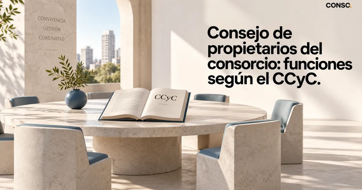 Consejo de propietarios del consorcio: funciones según el CCyC — mesa redonda de piedra con sillas y un libro abierto titulado "CCyC", junto a un jarrón con ramas y una ventana con vista a edificios.
