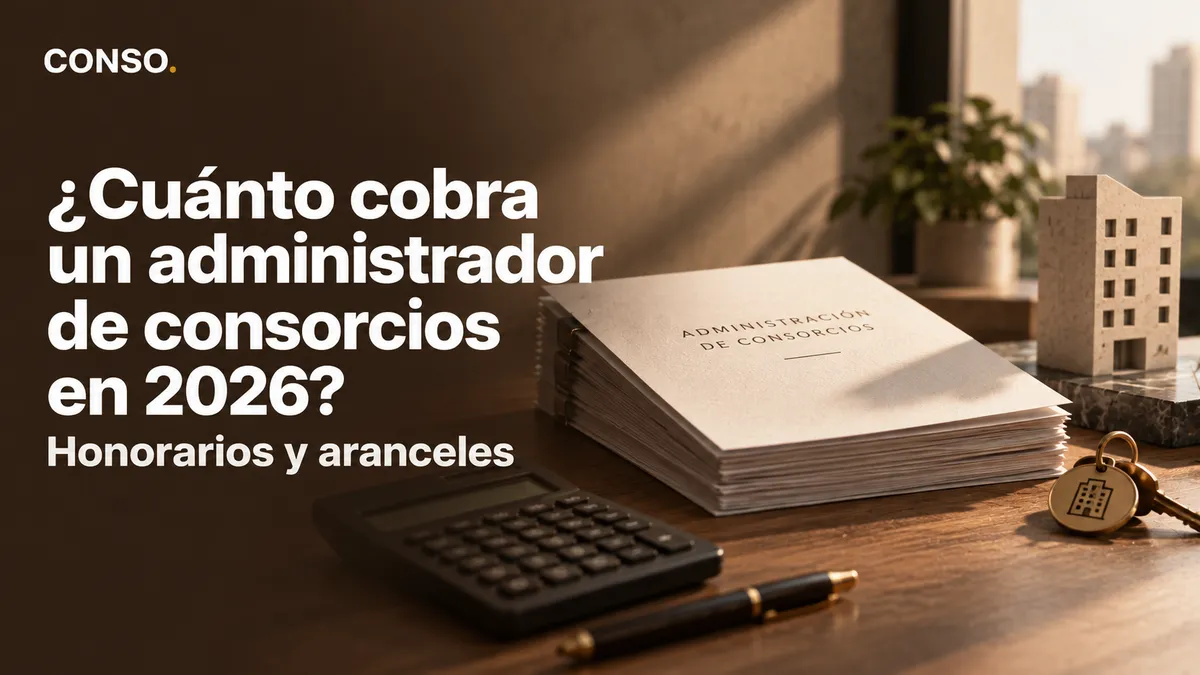 ¿Cuánto cobra un administrador de consorcios en 2026? Honorarios y aranceles — carpetas de administración de consorcios, una calculadora y unas llaves sobre el escritorio.