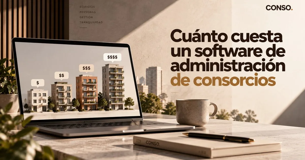 Cuánto cuesta un software de administración de consorcios — una notebook con maquetas de edificios en pantalla y etiquetas de precio de uno a cuatro signos peso.