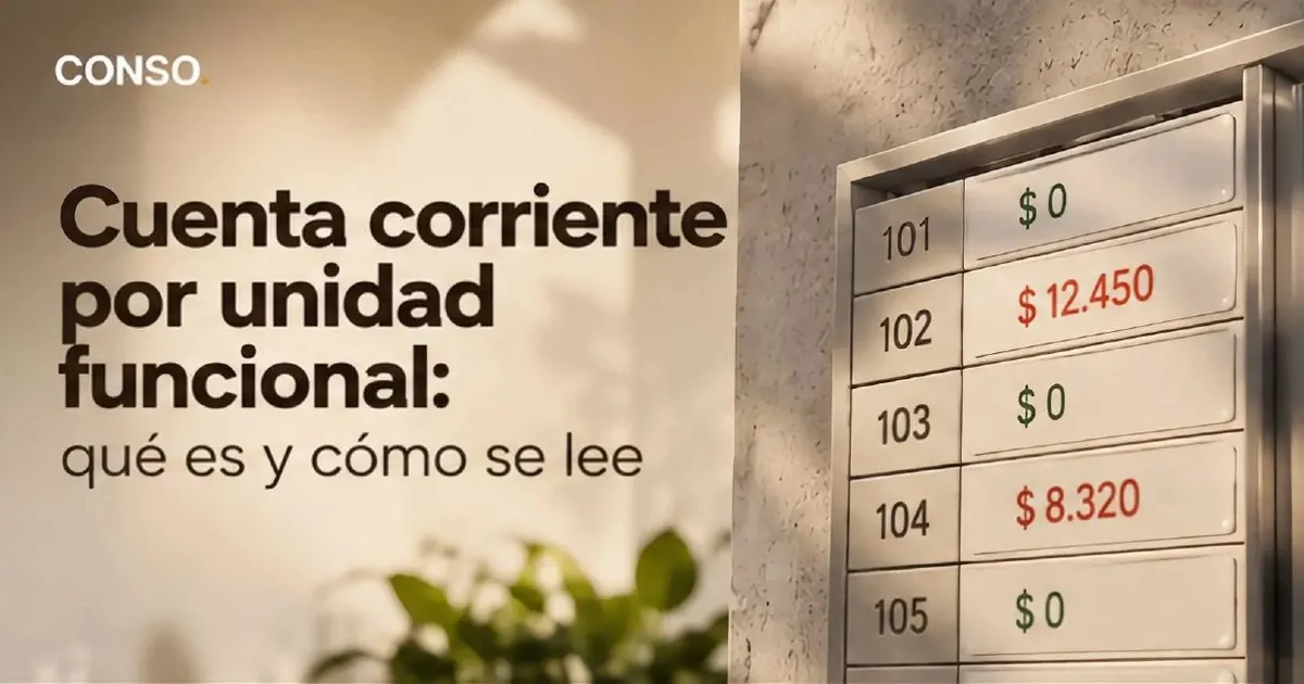 Cuenta corriente por unidad funcional — un tablero con el saldo de las unidades 101 a 105, con deudas de $ 12.450 y $ 8.320 en rojo.