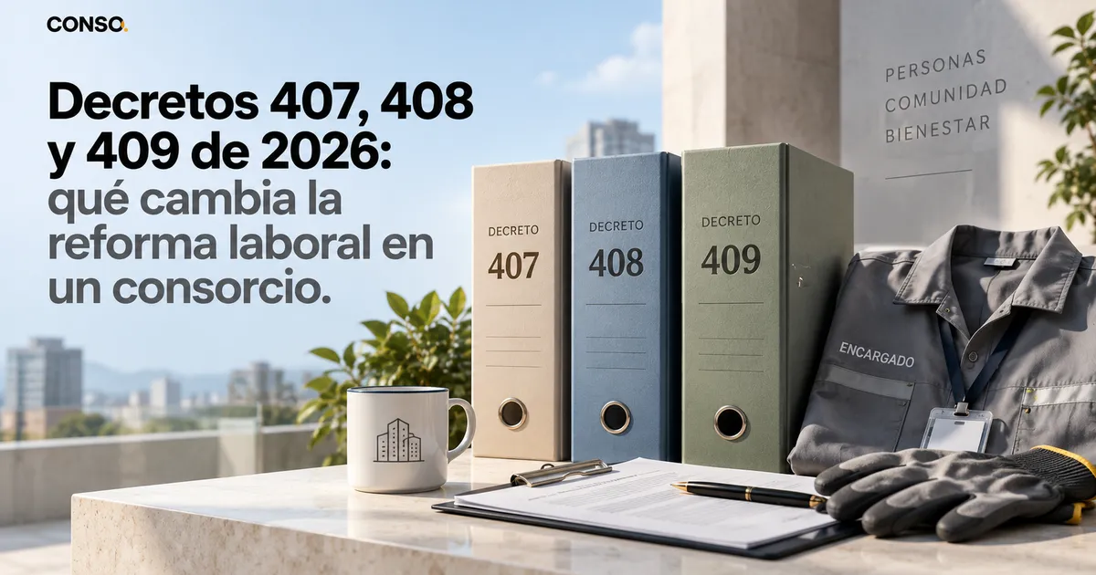 Decretos 407, 408 y 409 de 2026: qué cambia la reforma laboral en un consorcio — tres carpetas archivadoras junto a un uniforme de encargado con guantes y una carpeta con lapicera.