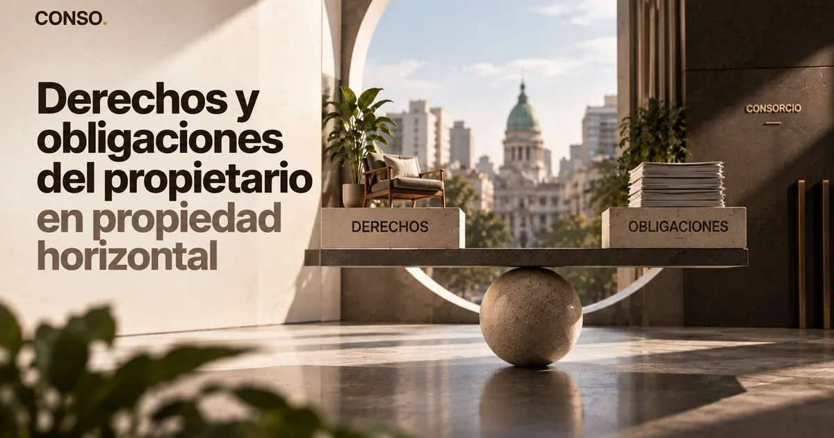 Derechos y obligaciones del propietario en propiedad horizontal — una balanza de piedra con dos pilas de libros rotuladas derechos y obligaciones, y el Congreso de fondo.