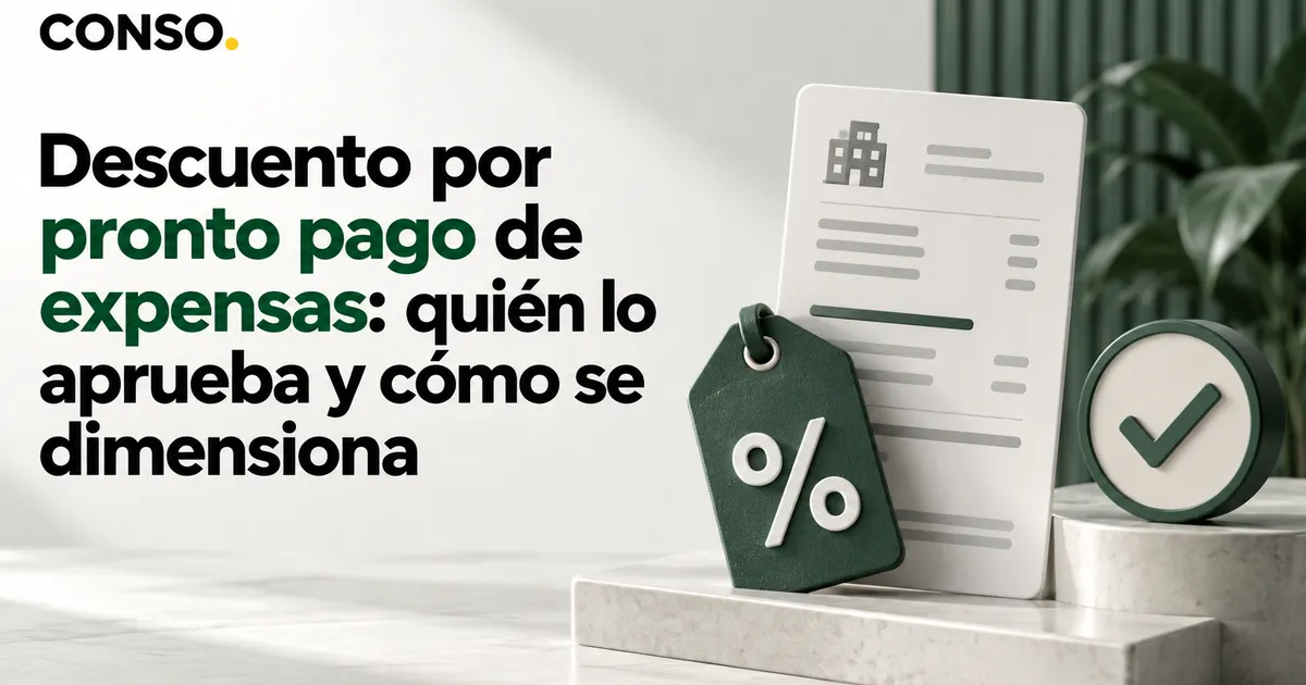 Descuento por pronto pago de expensas: quién lo aprueba y cómo se dimensiona — una etiqueta verde con el símbolo de porcentaje junto a una factura y un ícono de tilde en un círculo.