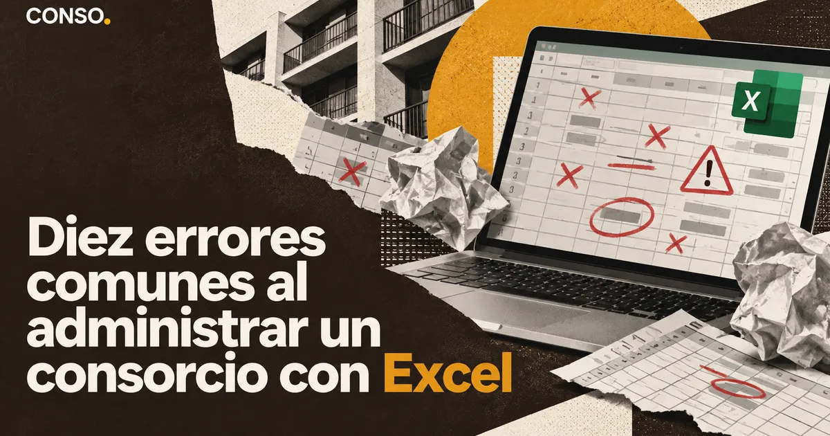 Diez errores comunes al administrar un consorcio con Excel — una notebook con una planilla llena de tachas rojas y un triángulo de alerta, rodeada de papeles arrugados y hojas rotas.