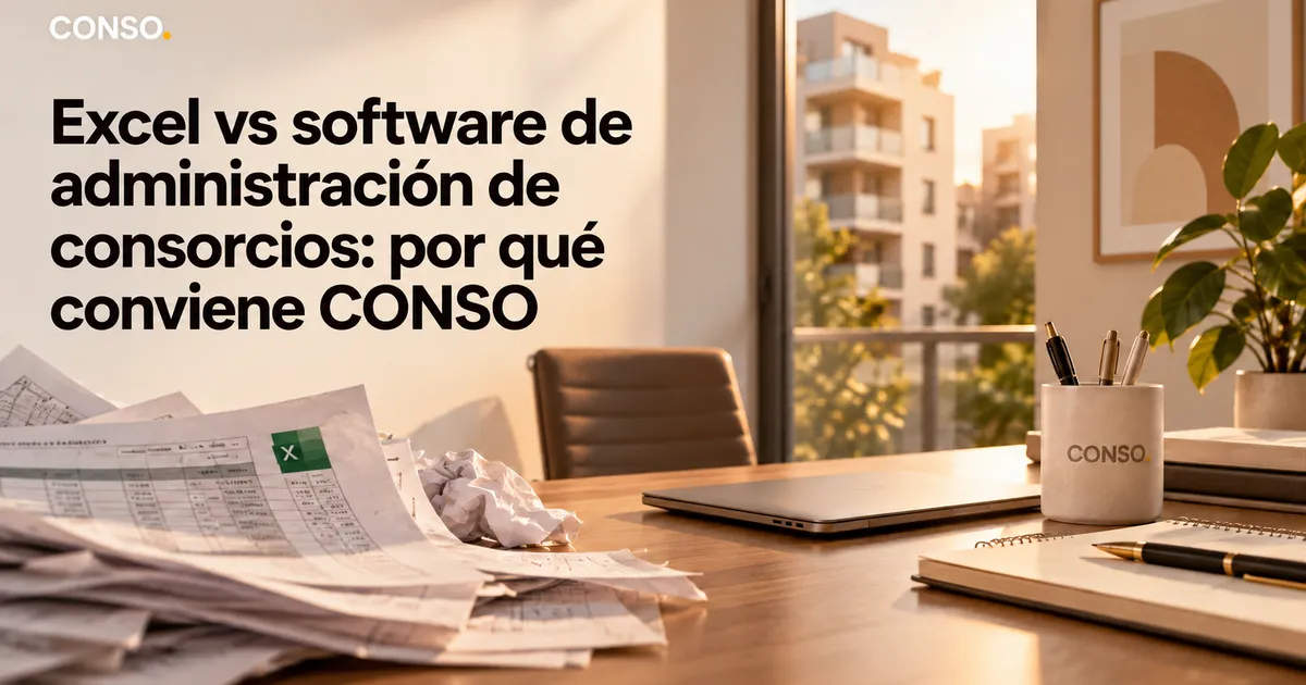 Excel vs software de administración de consorcios: por qué conviene CONSO — planillas de Excel arrugadas sobre un escritorio de madera, junto a una notebook cerrada y una taza con el logo CONSO.