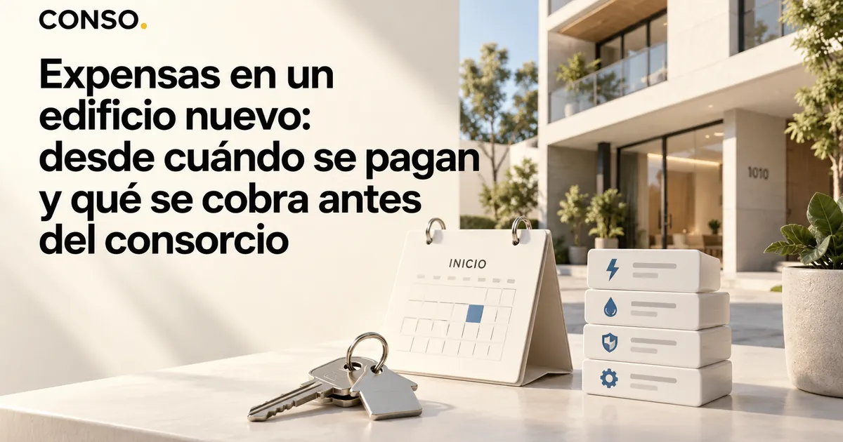 Expensas en un edificio nuevo: desde cuándo se pagan y qué se cobra antes del consorcio — llaves con llavero de casa junto a un calendario de escritorio y tarjetas con íconos de servicios.