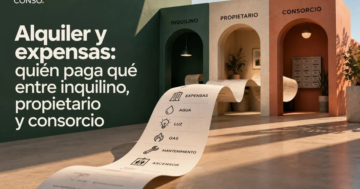 Alquiler y expensas — tres puertas rotuladas inquilino, propietario y consorcio, con una tira de papel que lista expensas, agua, luz, gas, mantenimiento y ascensor.