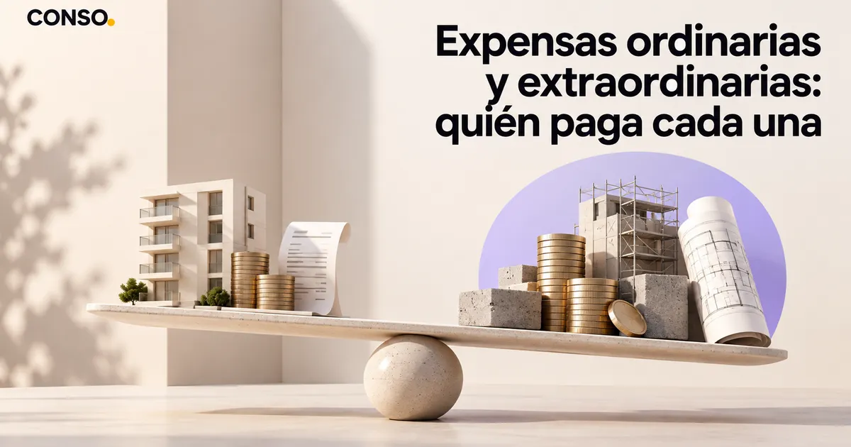 Expensas ordinarias y extraordinarias: quién paga cada una — una balanza equilibra un edificio con monedas y una factura de un lado, y monedas con un andamio y planos del otro.
